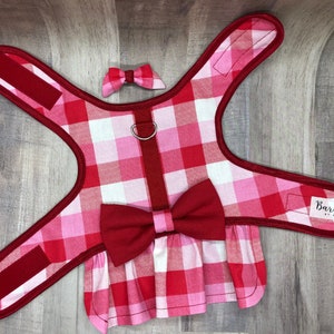 Adorable Red/Pink Gingham Dog Dress with Velcro and Matching Hair Bow