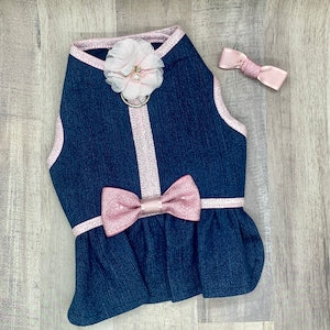 Adorable Pink And Denim Dog Dress with Velcro and Matching Hair Bow