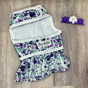 Lilac and Lavender Floral Dog Dress with Velcro and Matching Hair Bow