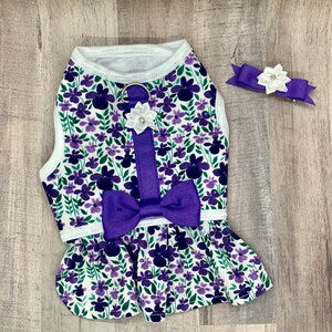 Lilac and Lavender Floral Dog Dress with Velcro and Matching Hair Bow