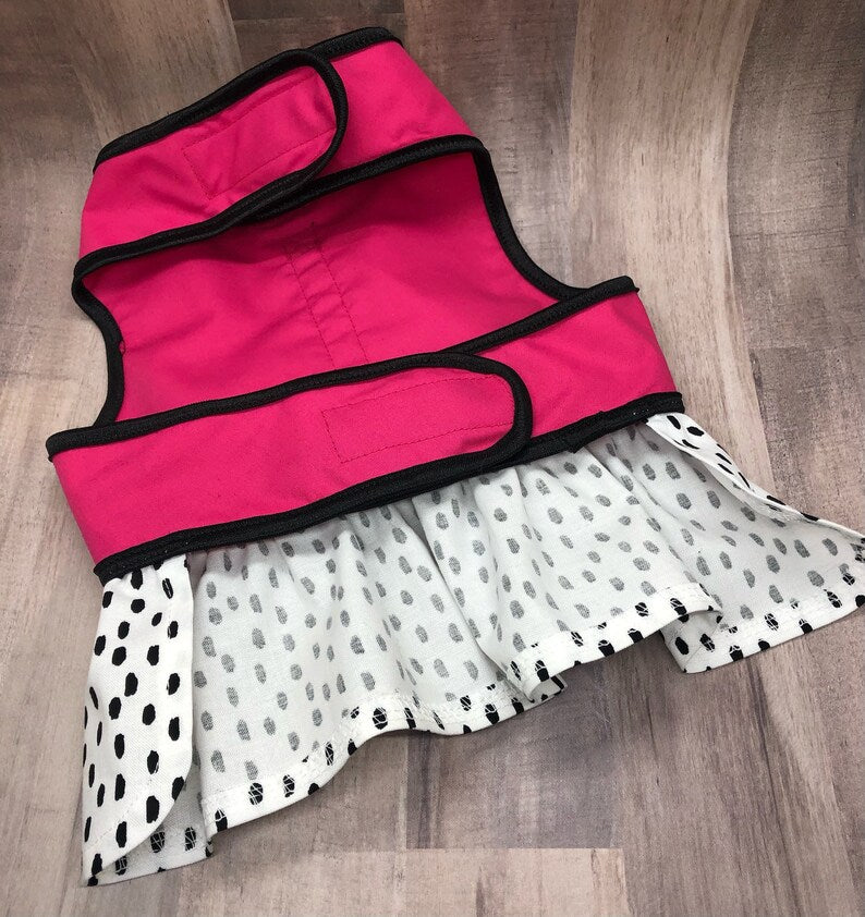 Hot Pink and Polka Dot Dog Dress with Velcro and Matching Hair Bow