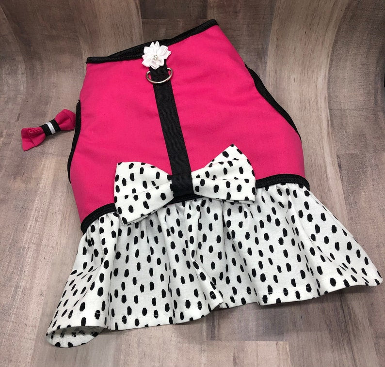 Hot Pink and Polka Dot Dog Dress with Velcro and Matching Hair Bow