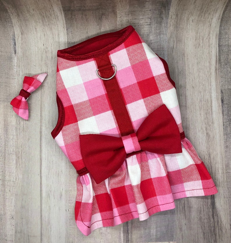 Adorable Red/Pink Gingham Dog Dress with Velcro and Matching Hair Bow
