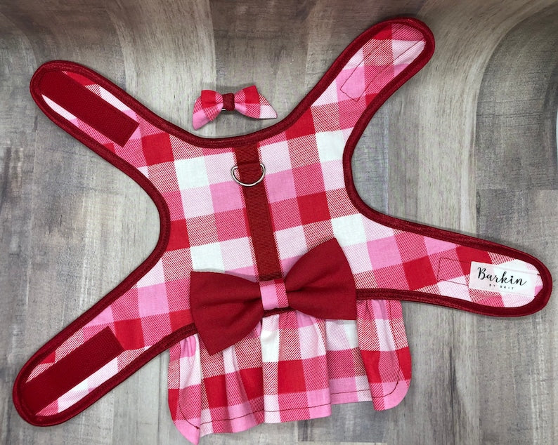 Adorable Red/Pink Gingham Dog Dress with Velcro and Matching Hair Bow