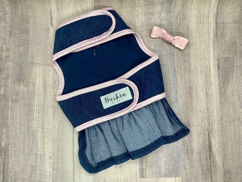 Adorable Pink And Denim Dog Dress with Velcro and Matching Hair Bow