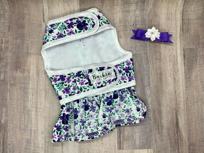 Lilac and Lavender Floral Dog Dress with Velcro and Matching Hair Bow