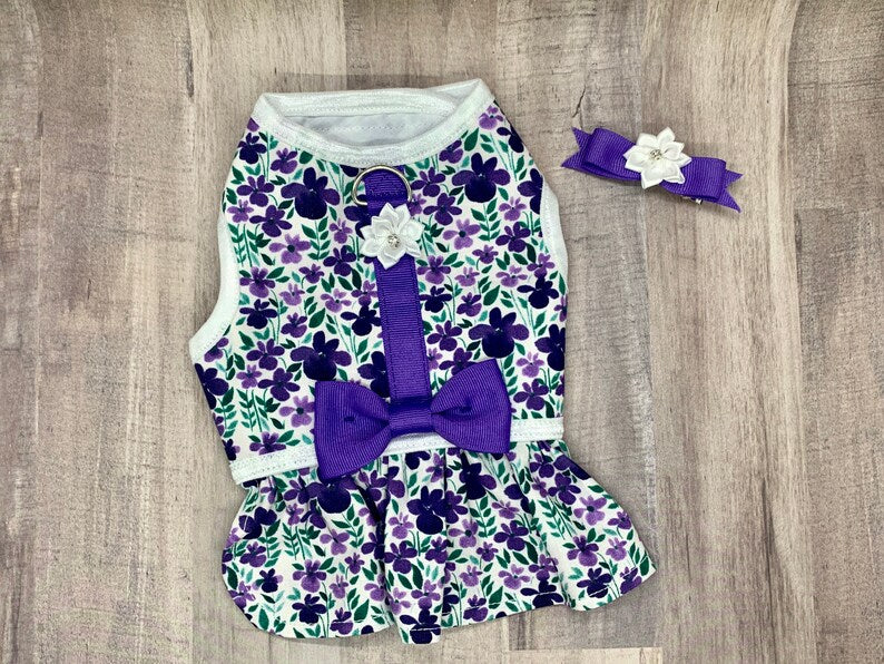 Lilac and Lavender Floral Dog Dress with Velcro and Matching Hair Bow