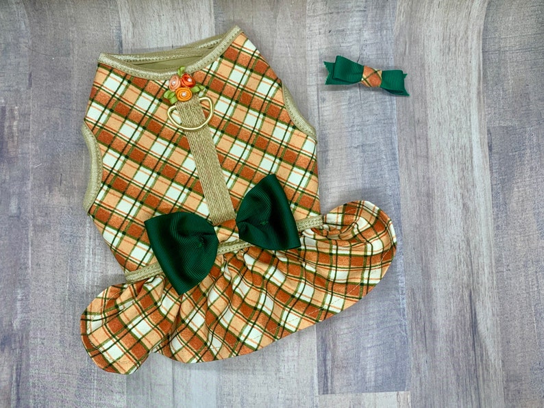 Fall Thanksgiving Dog Dress with Velcro and Matching Hair Bow