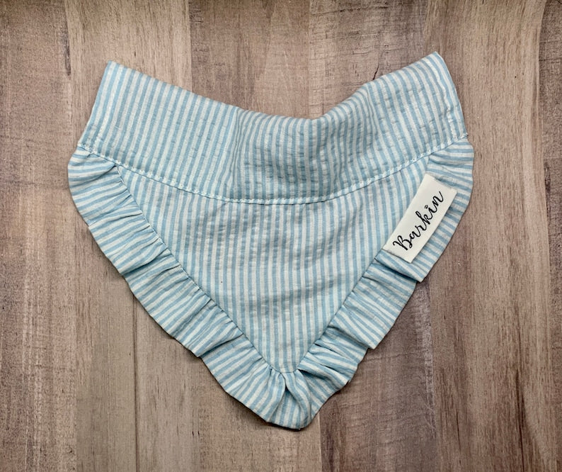 Seersucker Blue Stripe Ruffle Over the Collar Dog Bandana