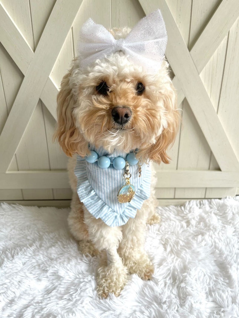 Seersucker Blue Stripe Ruffle Over the Collar Dog Bandana